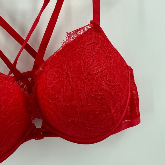 Victoria’s Secret Bombshell Bra Size 36B Red Plunge Pushup Lace Padded Straps - Picture 7 of 15